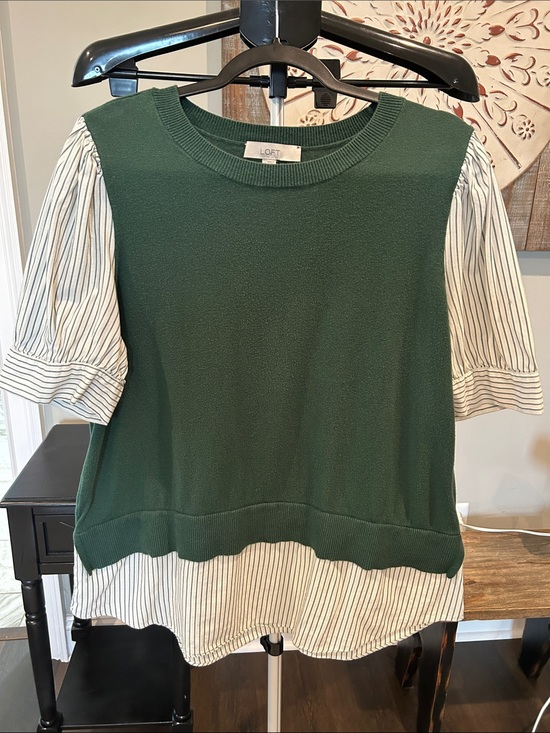 LOFT Tops - LOFT Dark Green Layered Pullover with Striped White Sleeves/ Size Large